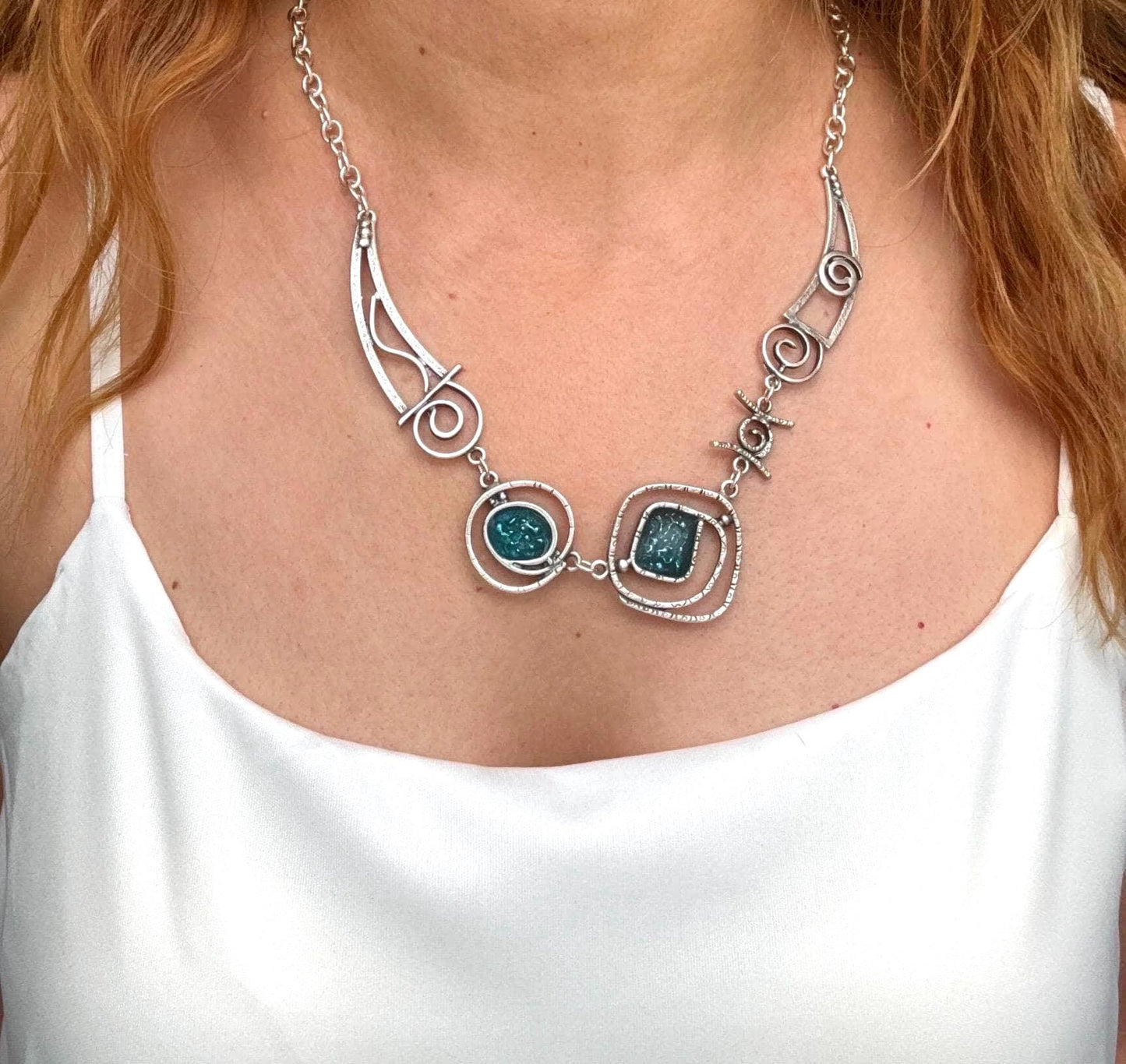 Teal Blue Enamel Necklace: Geometric Silver-Plated Brass Pendant