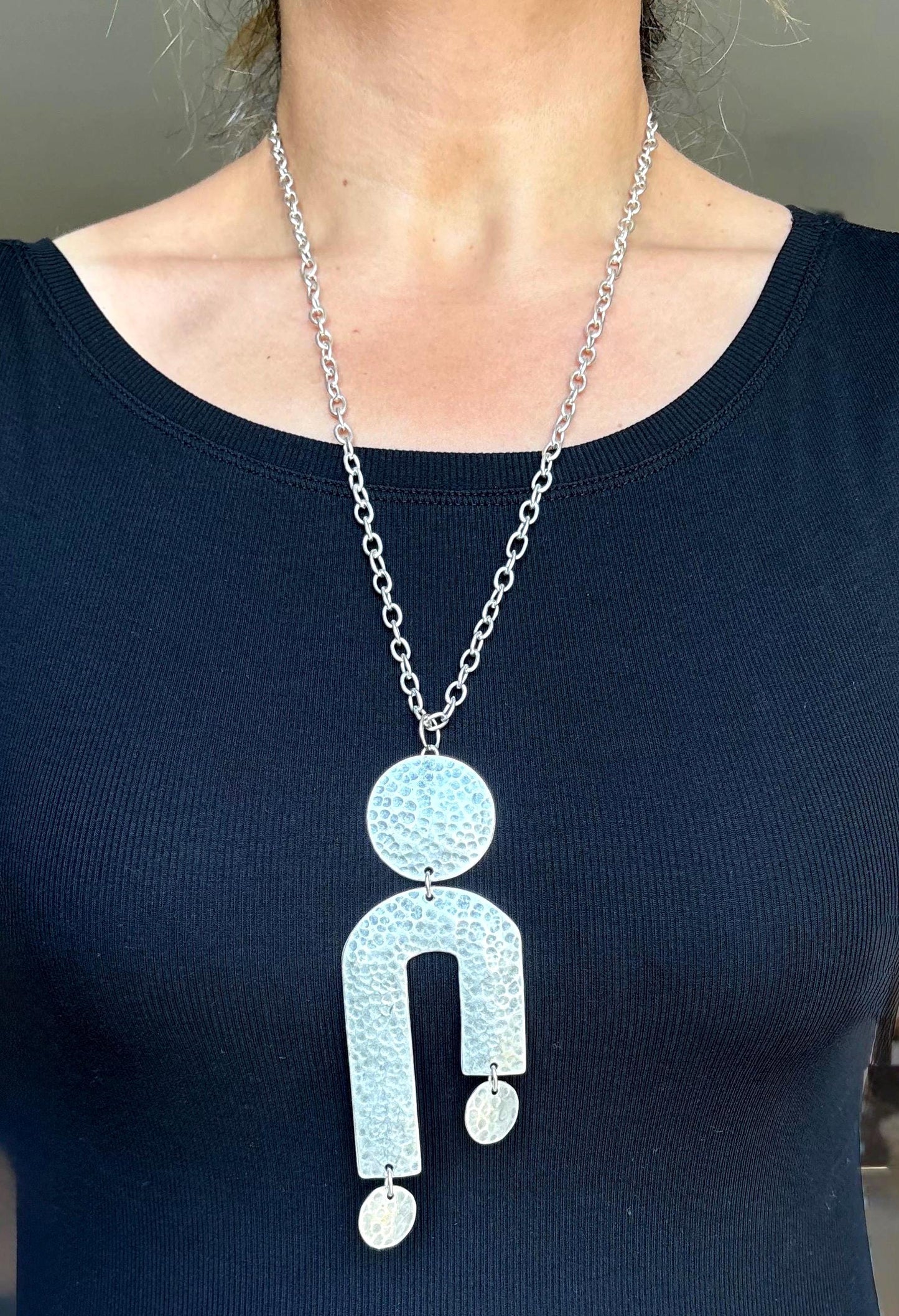 Hammered Silver Geometric Statement Vintage Necklace – Circle and Arch Pendant, Adjustable Chain