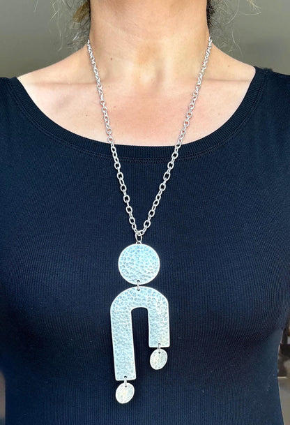Hammered Silver Geometric Statement Vintage Necklace – Circle and Arch Pendant, Adjustable Chain
