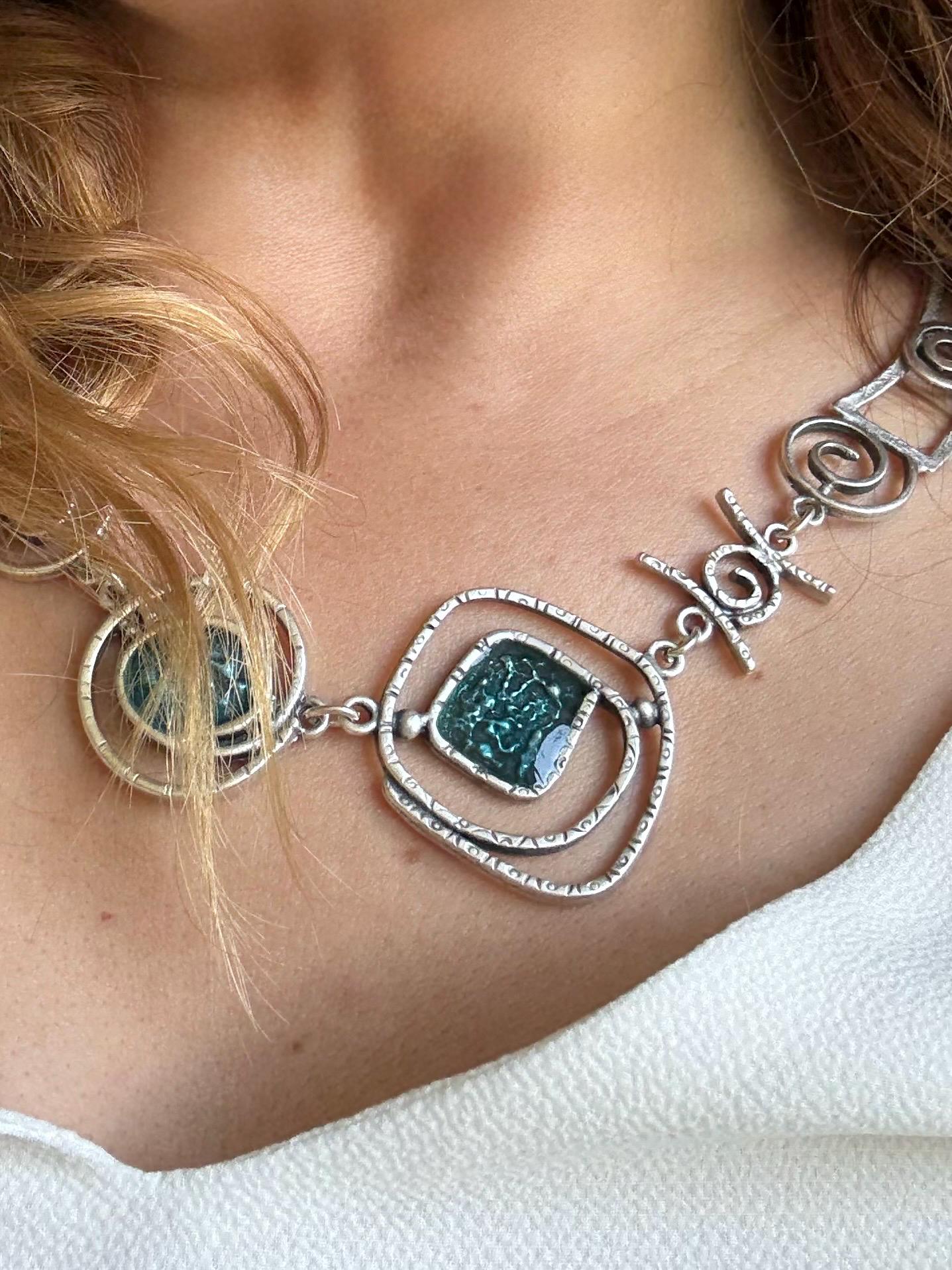 Teal Blue Enamel Necklace: Geometric Silver-Plated Brass Pendant