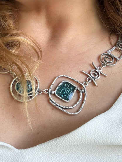 Teal Blue Enamel Necklace: Geometric Silver-Plated Brass Pendant