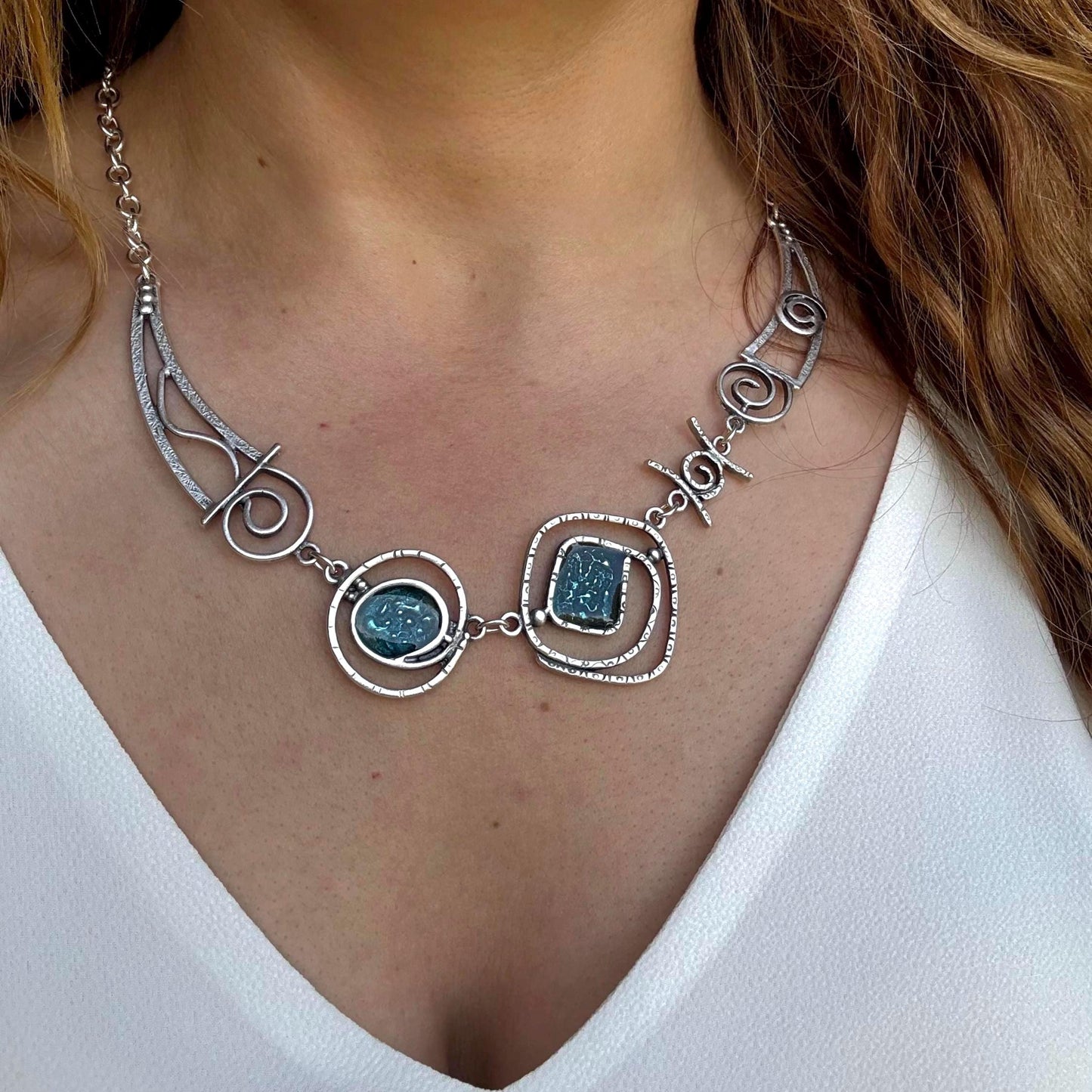 Teal Blue Enamel Necklace: Geometric Silver-Plated Brass Pendant