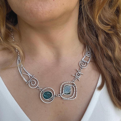 Teal Blue Enamel Necklace: Geometric Silver-Plated Brass Pendant