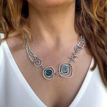 Teal Blue Enamel Necklace: Geometric Silver-Plated Brass Pendant